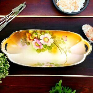 1920s Meito China Oblong Celery Dish Hand Painted Wild Rose Motif Japan 12"